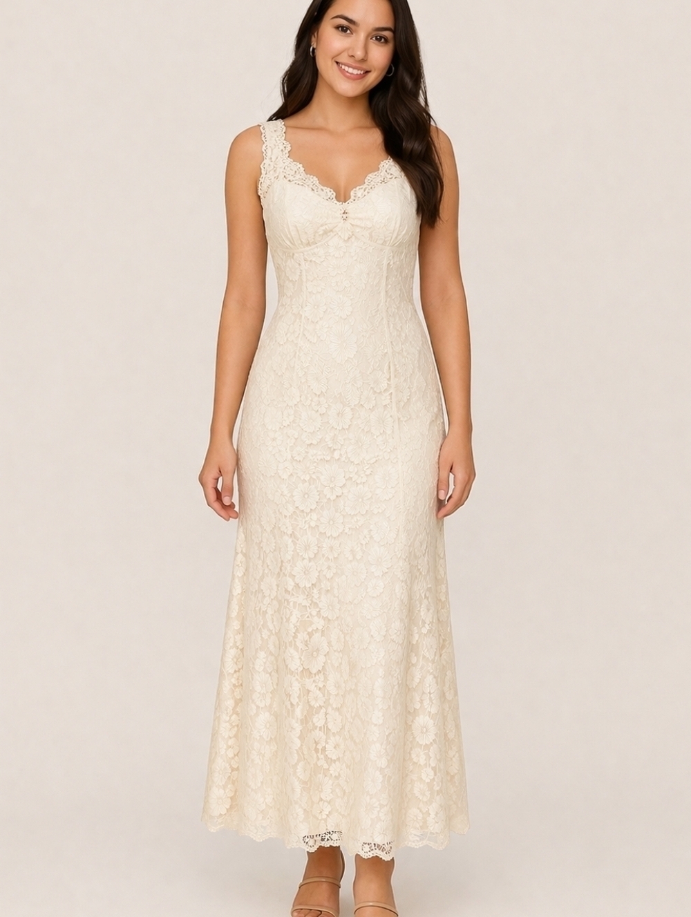 BETSY & ADAM Ivory Lace Satin Draped Open Back Wedding Formal Gown